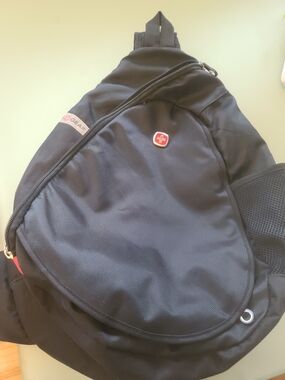 SwissGear Black Single-Shoulder Sling Backpack with Red Emblem